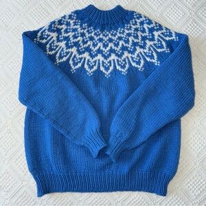 Handmade hand knit fair isle mock neck sweater blue and white fits medium large